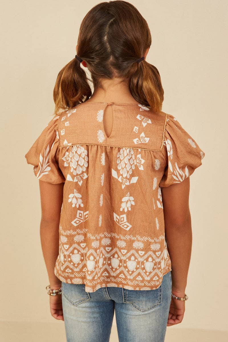 Girls Geometric Floral Print Puff Sleeve Top