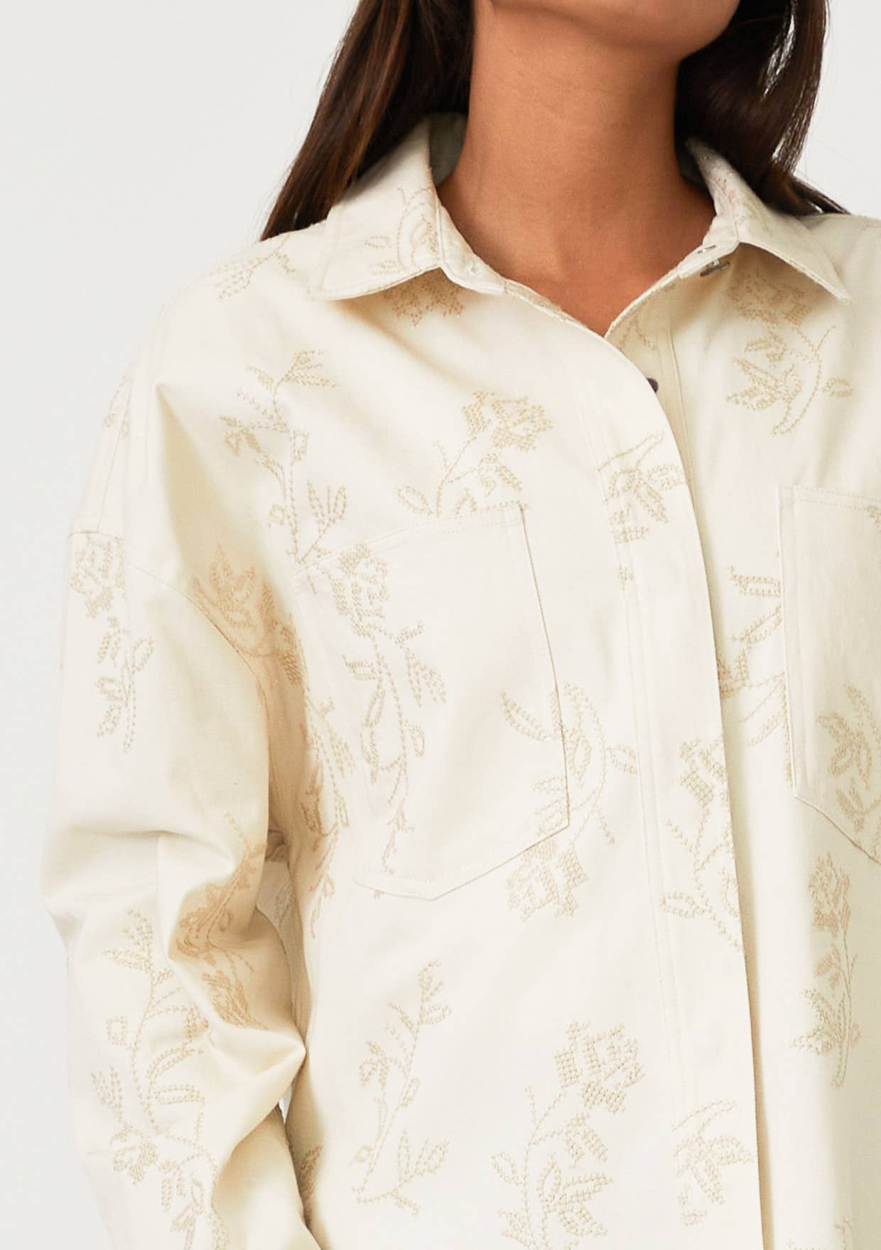 Floral Embroidered Button Front Shacket