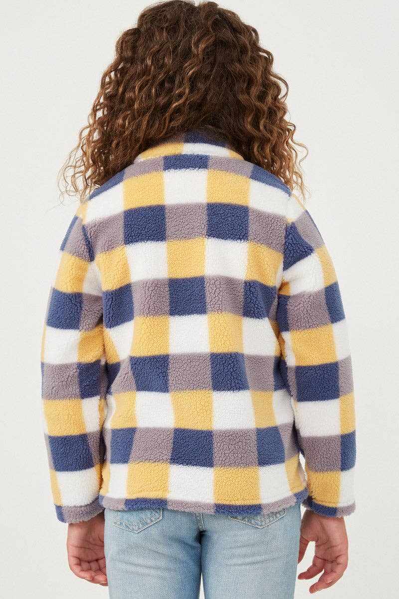 Girls Zip Up Mock Neck Plaid Fleece Top