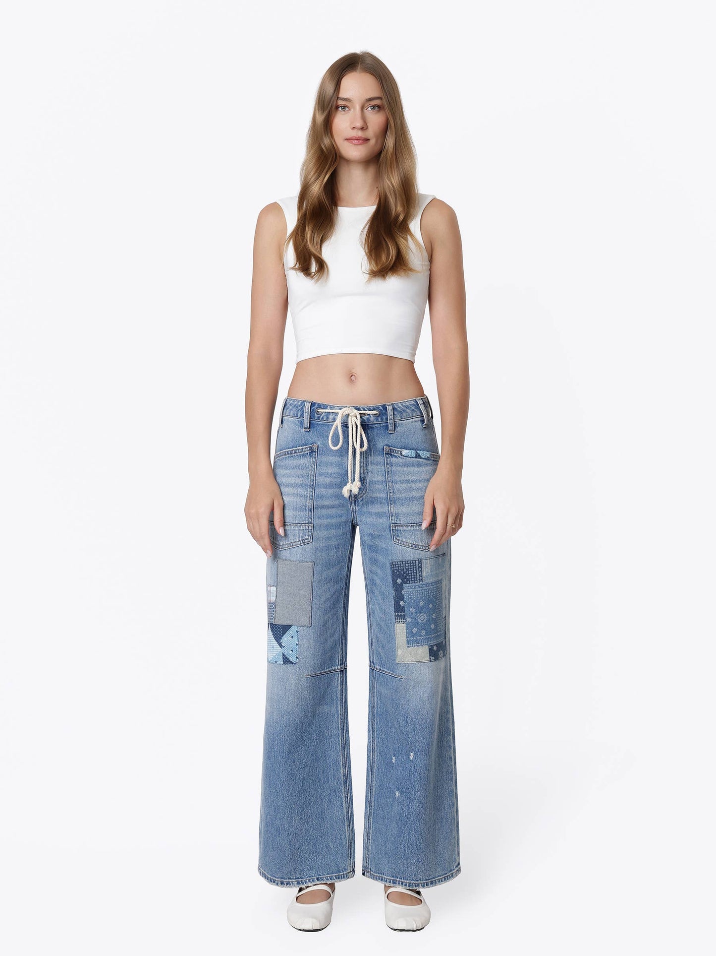 HIGH RISE PATCHWORK DETAIL WAIST TIE WIDE JEANS