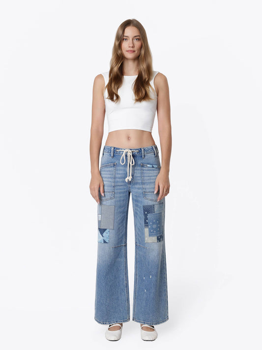 HIGH RISE PATCHWORK DETAIL WAIST TIE WIDE JEANS