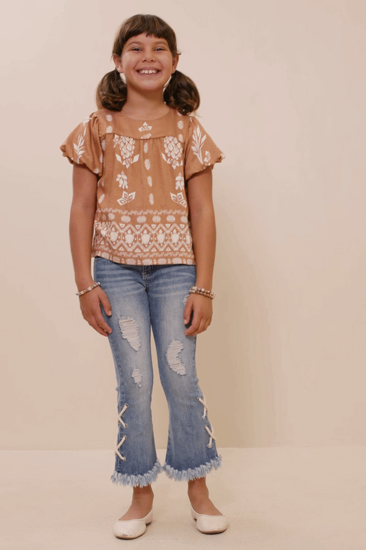 Girls Geometric Floral Print Puff Sleeve Top