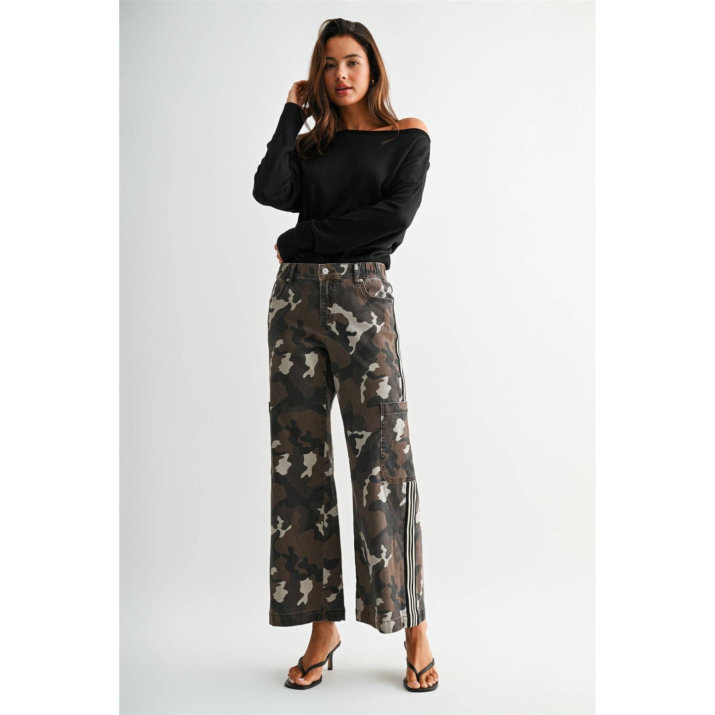 HIGH-RISE WIDE JOGGER CAMOUFLAGE SIDE TAPE DETAIL