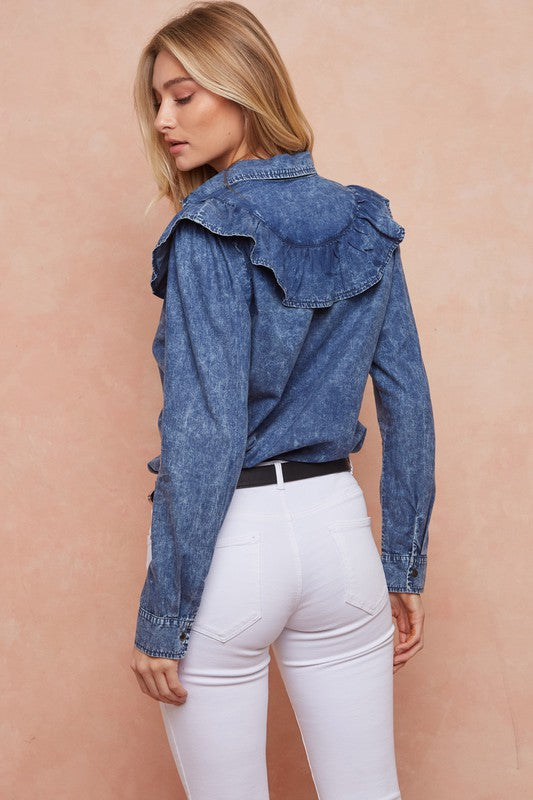 The Emery - Ruffled Denim Blouse